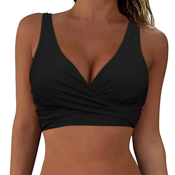 TOWED22 Swim Tops Womens Push Up Sexy Adjustable Twist Ruced Front Bikini Swimsuit Top Only(Black,L)