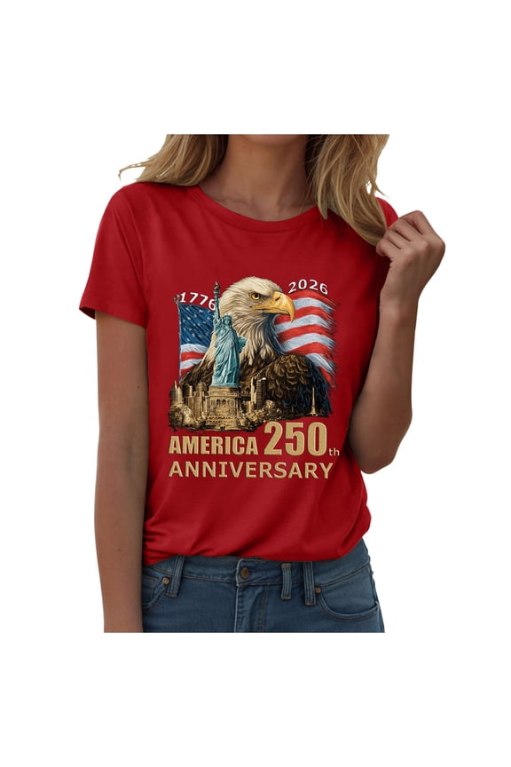Women's America 250 Merchandise 250th Anniversary USA Shirt American Flag T Shirt 4th of July 1776 2026 Independence Day Tee(Red,L)