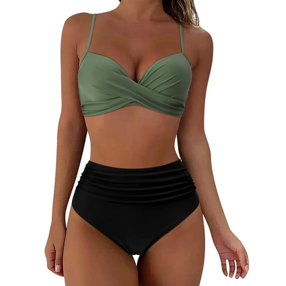 TOWED22 Women's Bikini Sets Two Piece Swimsuit High Waisted V Neck Twist Front Adjustable Spaghetti Straps Bathing Suit(Green,L)