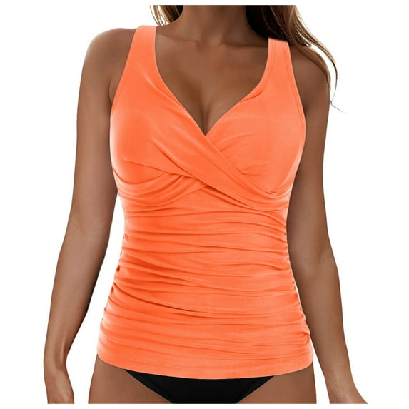 TOWED22 Women's Criss Cross Back Tankini Top Adjustable Tummy Control Swimwear Bathing Suit Swimwear Top No Bottom(Orange,M)