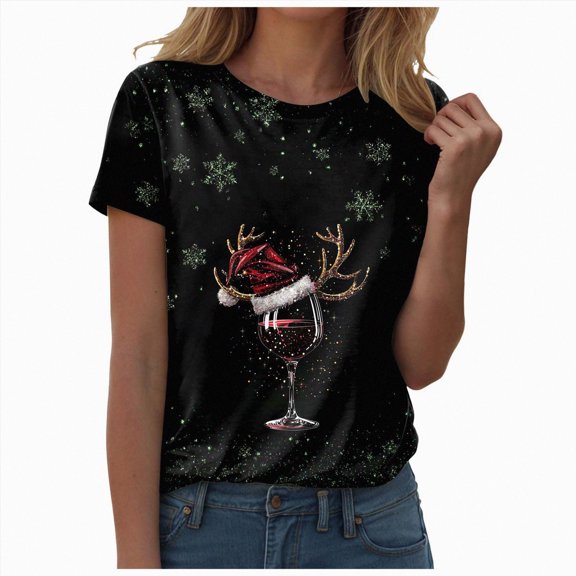 TOWED22 Women's Graphic Christmas T Shirts Casual Crew Neck Short Sleeve Xmas Holiday Tee Winter Tops,M