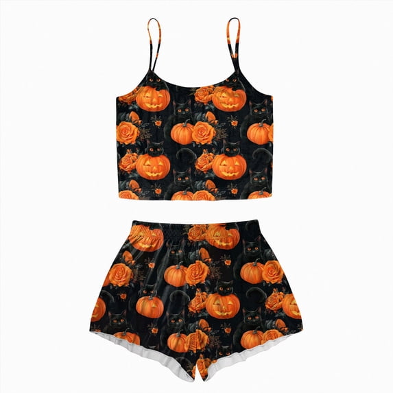TOWED22 Women's Halloween Pajamas Plus Size Two Piece Pumpkin Ghost Print Pajama Set Lettuce Trim Cami Shorts Sleepwear(Black,S)