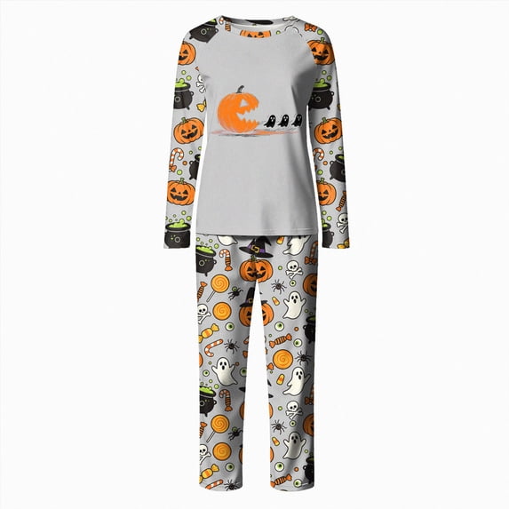 TOWED22 Women‘s Halloween Pumpkin Print Pajama Set, Long Sleeve Crew Neck Sleepwear with Pants, Cozy Matching Family Holiday Outfit,L