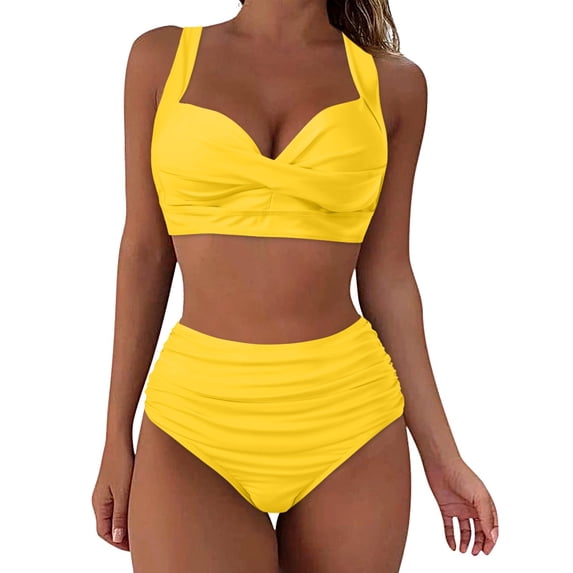 TOWED22 Women's High Waisted Bikini Ribbed Swimsuit Push Up Twist Front Spaghetti Straps Ruched Two Piece Swimsuit Bathing Suit(Yellow,XL)