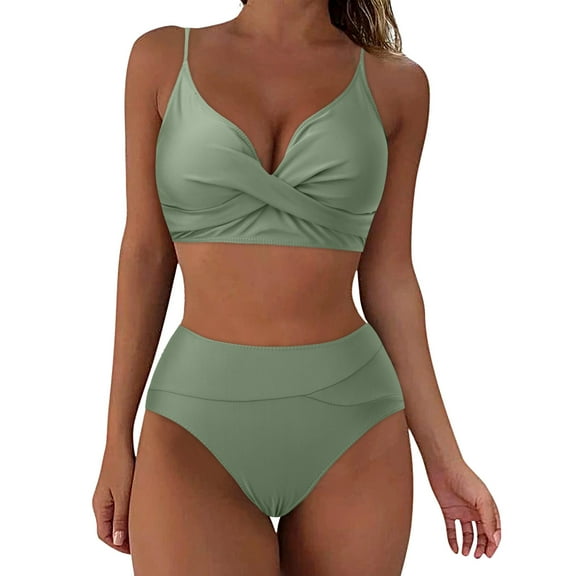 TOWED22 Women's High Waisted Bikini Sets Two Piece Swimsuit Tummy Control Bathing Suit V Neck Swimwear Swim Suit（AG,L）