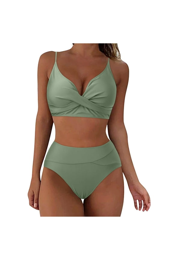 Women's High Waisted Bikini Sets Two Piece Swimsuit Tummy Control Bathing Suit V Neck Swimwear Swim Suit(AG,L)