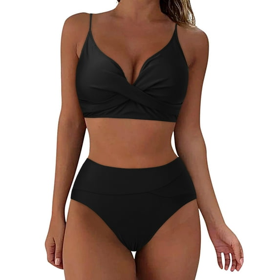 TOWED22 Women's High Waisted Bikini Sets Two Piece Swimsuit Tummy Control Bathing Suit V Neck Swimwear Swim Suit(Black,XXL)