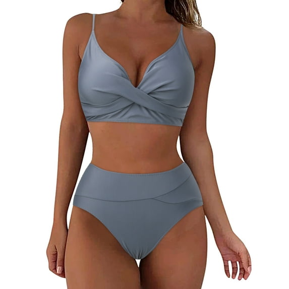 TOWED22 Women's High Waisted Bikini Sets Two Piece Swimsuit Tummy Control Bathing Suit V Neck Swimwear Swim Suit(Grey,S)