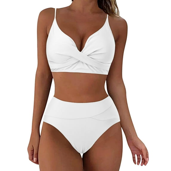 TOWED22 Women's High Waisted Bikini Sets Two Piece Swimsuit Tummy Control Bathing Suit V Neck Swimwear Swim Suit(White,M)