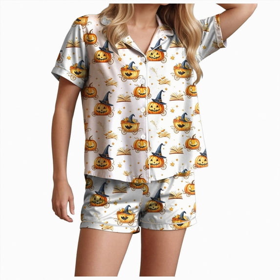 TOWED22 Women's Lounge Sets Ghost Pumpkin Graphic Short Pajamas Set Halloween Loungewear Two-Piece Holiday Outfits(Orange,3XL)