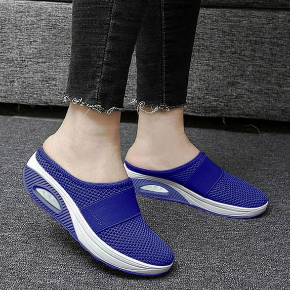 TOWED22 Women's Mules Shoes Slip on Sneakers Knit Flats Platform Lightweight Breathable Non-Slip Walking Shoes(Blue,7)