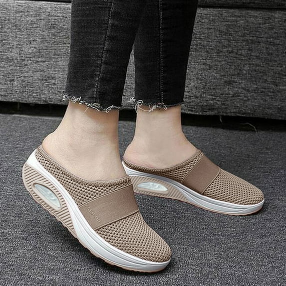 TOWED22 Women's Mules Shoes Slip on Sneakers Knit Flats Platform Lightweight Breathable Non-Slip Walking Shoes(Khaki,7.5)