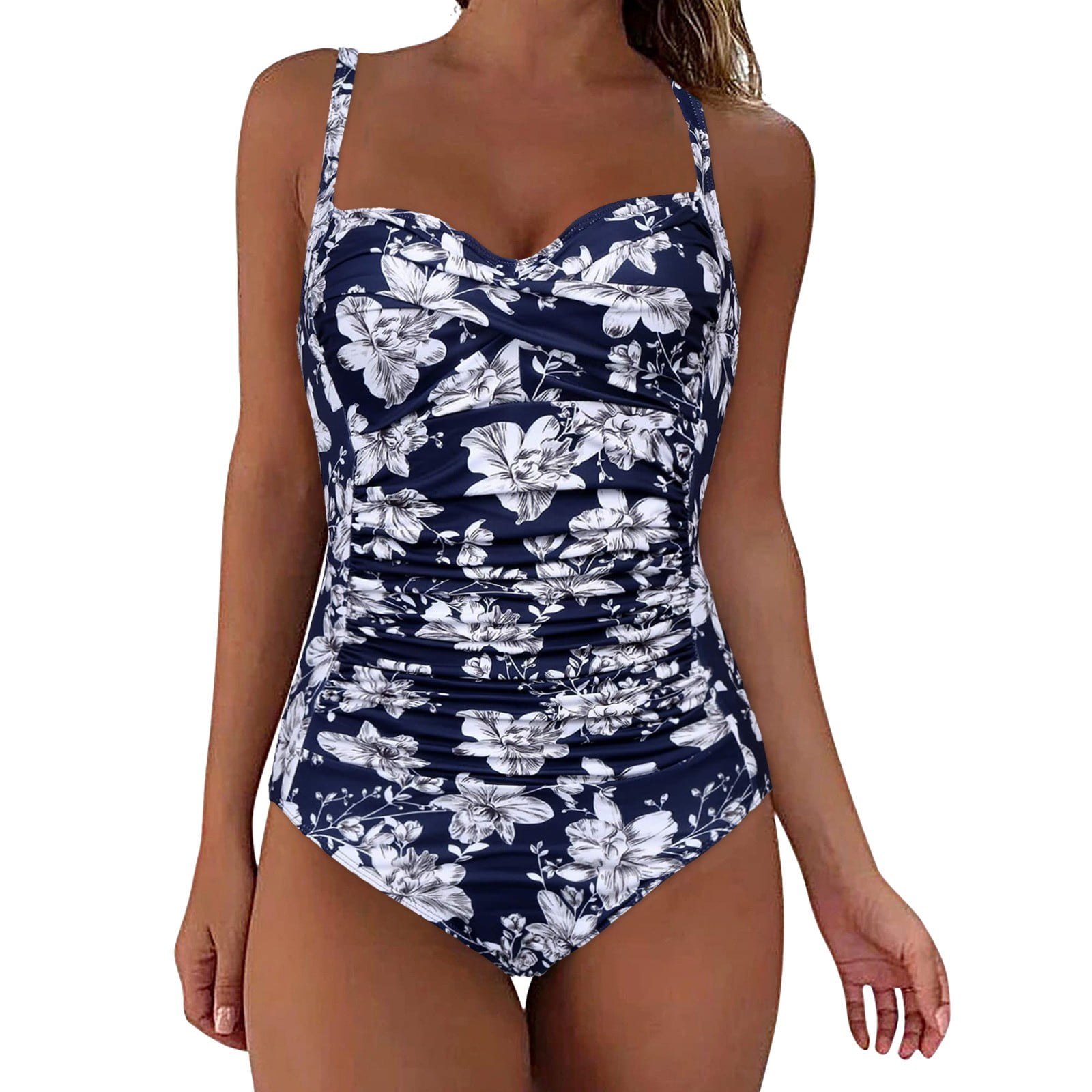 Womens One Piece Swimsuit V Neck Tummy Control Bathing Suit Ruched Slimming Swim Suit - 