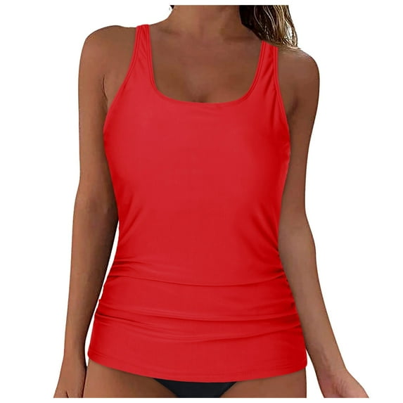 TOWED22 Women's Tankini Top Only Tummy Control Bathing Suits Top U Neck Swimwear Tops No Bottom(Red,XL)