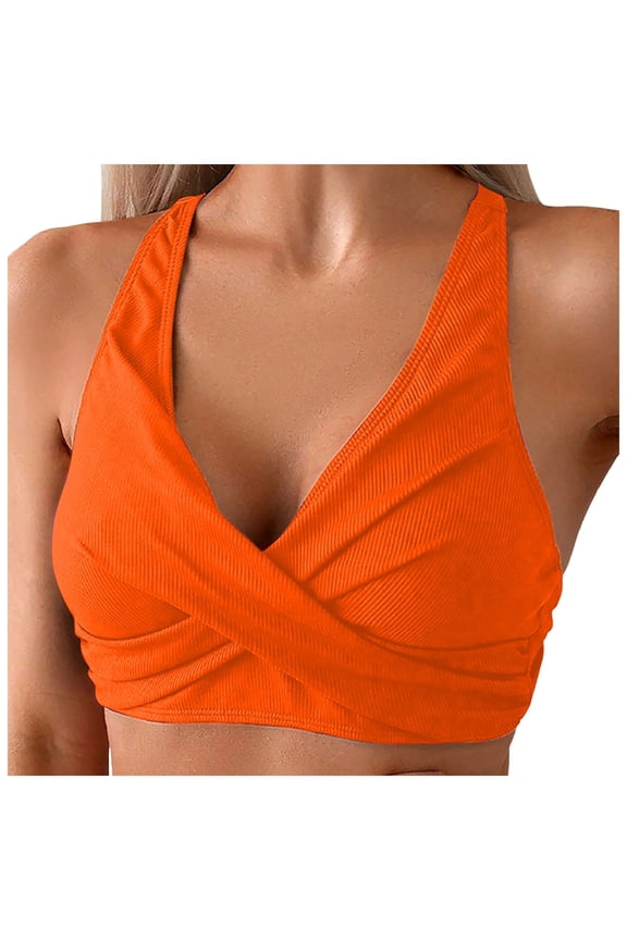 Women's Triangle Bikini Top Ribbed Push up Padded Halter String Bathing Suits Top Orange,M
