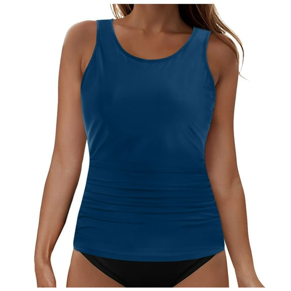 TOWED22 Women's Tummy Control Tankini Top Only Blouson Style Loose Tankini Top Tummy Control Swimwear Bathing Suit Swimwear Top No Bottom(Blue,XXL)