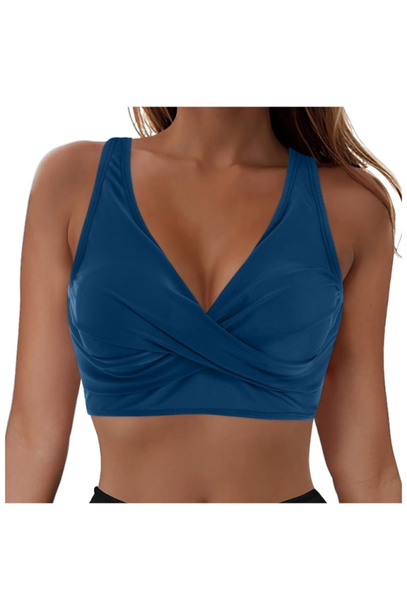 Women's Twist Front Bikini Top Modest Bathing Suit Padded Adjustable Ruched Sporty Cropped Tankini Swim Top Only Blue,XL