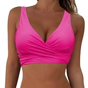 TOWED22 Women's Twist Front Bikini Top V Neck Push Up Padded Swimsuit Top Bathing Suits(Hot Pink,M)