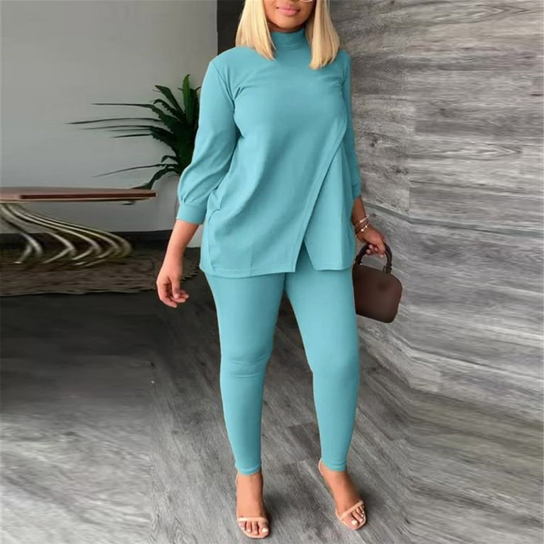 TOWED22 Womens 2 Piece Outfits Fall,Women's 2 Piece Outfits Sweatsuits Long  Sleeve Crop Top Jogging Pants Sweatpants Workout Sets(Light Blue,L)