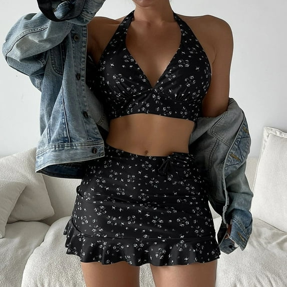 TOWED22 Womens Bathing Suits Tummy Control,Women Swimsuit Bikini Set High Waisted Twisted Front Ruched Floral Two Piece Bathing Suit Black,L