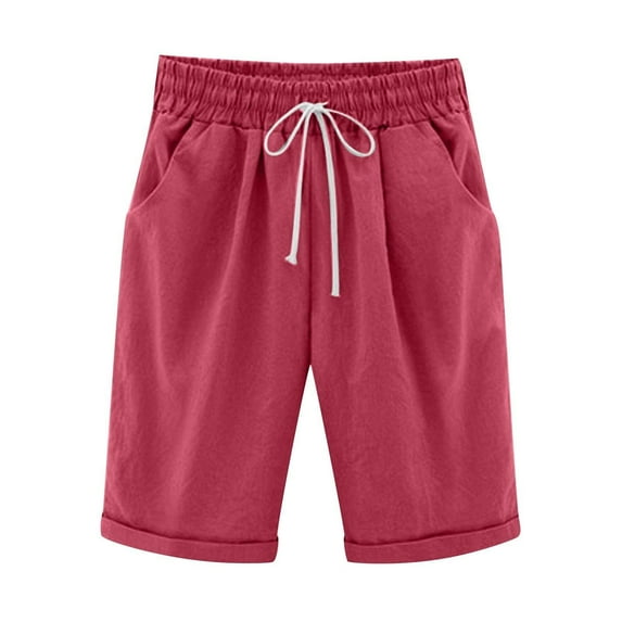 TOWED22 Womens Bermuda High Rise Shorts Knee Length Cotton Linen Drawstring Casual Shorts Athletic Jogger Workout Shorts(Red,L)