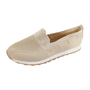 TOWED22 Womens Breathable Flats Shoes Mesh Slip on Soft White Flats(Beige,6.5)