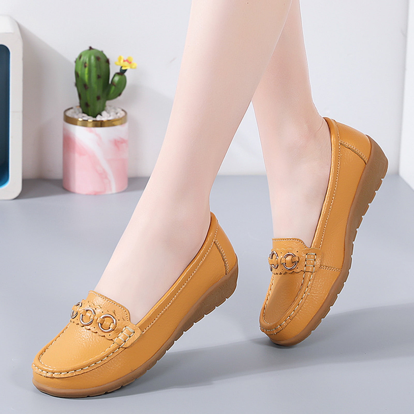 TOWED22 Womens Flat Shoes,Women's Flats Pointed Toe Ballet Shoes Knit Dress  Shoes Low Wedge Slip On Walking Office Business Loafers,Yellow 