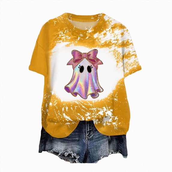 TOWED22 Womens Halloween Bow Graphic Oversized Shirts Spooky Season Tee Short Sleeve Bleached Tops(Yellow,L)