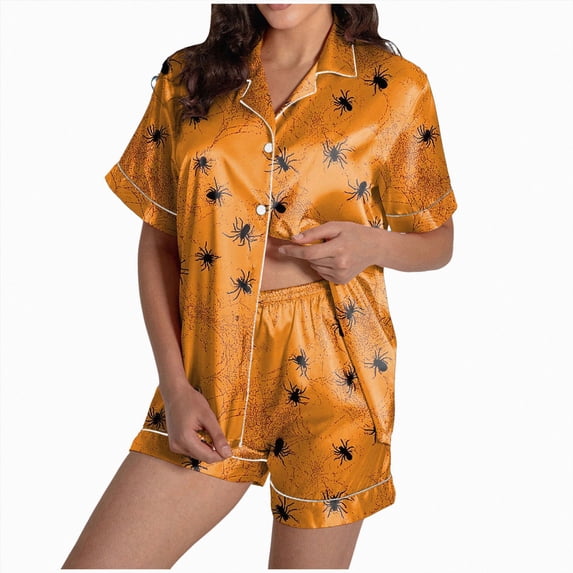 TOWED22 Womens Halloween Silk Pajama Set Pumpkin Bow Print Short Sleeve Button Up Shirt and Shorts Holiday 2 Pcs Sets(Orange,XXL)