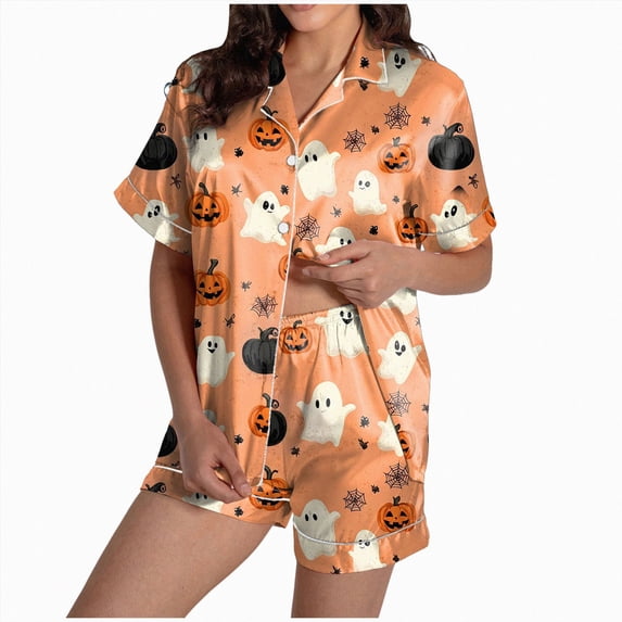 TOWED22 Womens Halloween Silk Pajama Set Pumpkin Bow Print Short Sleeve Button Up Shirt and Shorts Holiday 2 Pcs Sets(Yellow,S)