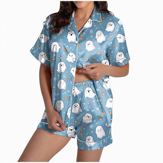 TOWED22 Womens Halloween Silk Satin Pajamas Short Sleeve PJS Shorts Set Soft Ghost Pumpkin Button Down Sleepwear 2 Piece Loungewear(Light Blue,4XL)