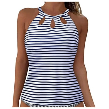 TOWED22 Womens High Neck Tankini Top Backless Bathing Suit Tops Underwire Full Coverage Bikini Top Swimsuit Top Key Hole Swim Top Only（Blue,L）