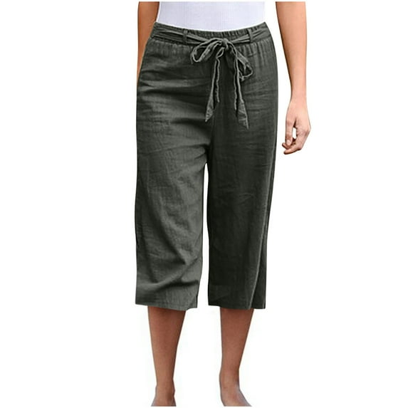 TOWED22 Womens Linen Capri Pants Casual Drawstring Elastic Waisted Summer Pants Lightweight Beach Cotton Linen Pants with Pocket(AG,XXL)