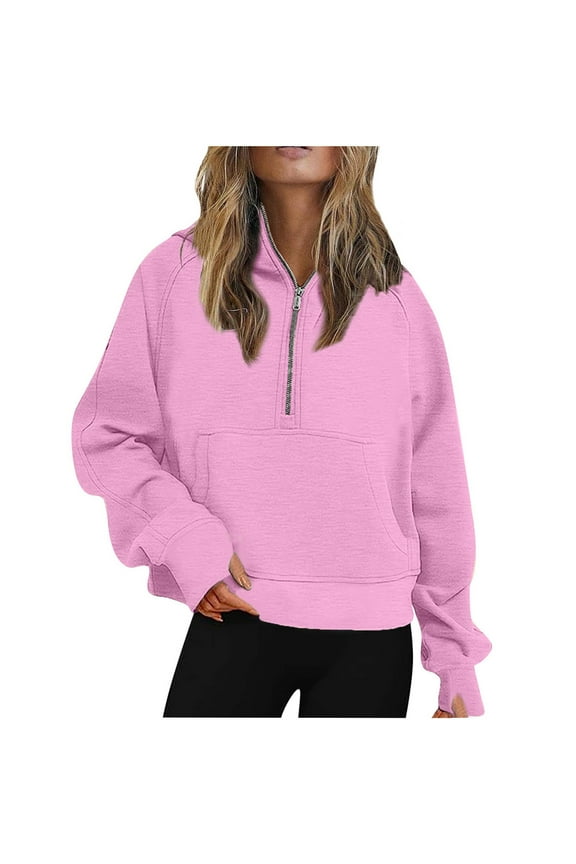 Womens Oversized Half Zip Sweatshirt Hoodie Quarter 1/4 Zipper Long Sleeve Pocket Pullover Tops Pink,L