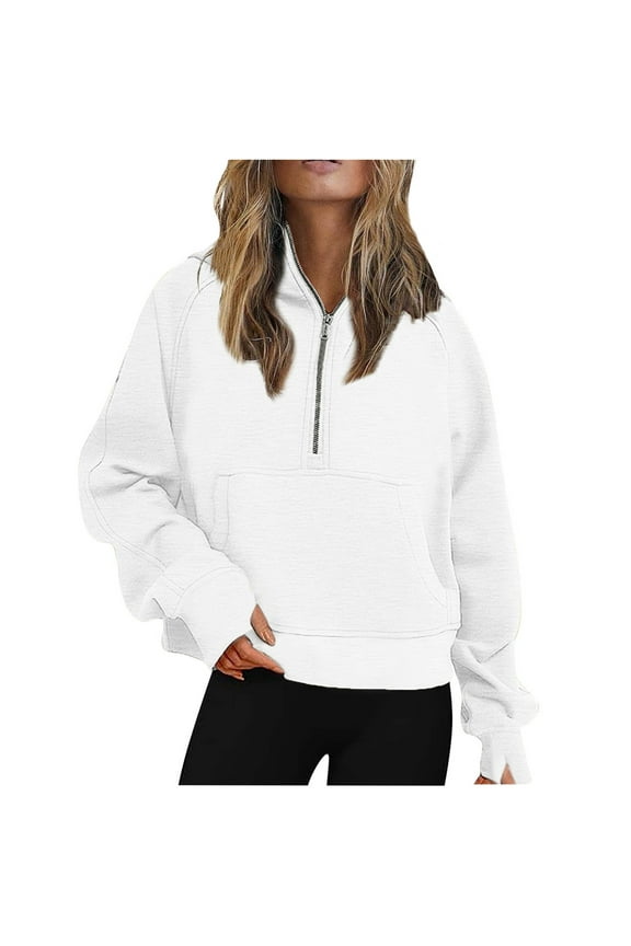Womens Oversized Half Zip Sweatshirt Hoodie Quarter 1/4 Zipper Long Sleeve Pocket Pullover Tops White,L