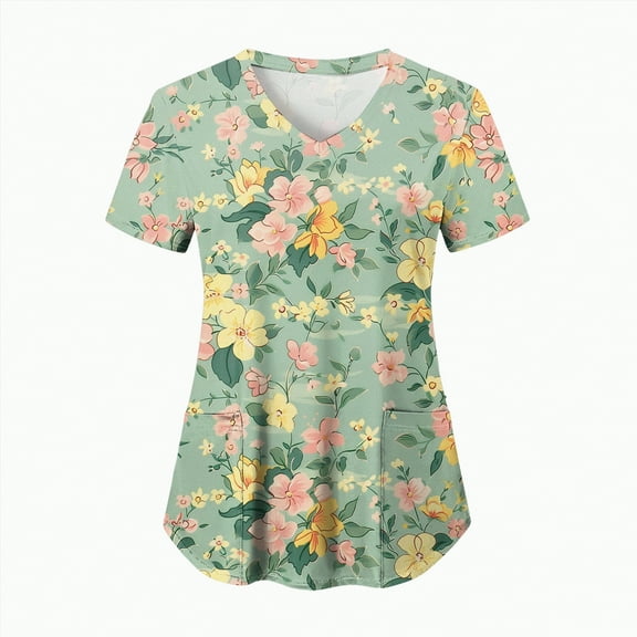 TOWED22 Womens Printed Nurse Uniforms Scrub Tops for Women, Short Sleeve Scrub V Neck Shirt with Pockets(Light Green,XXXL)