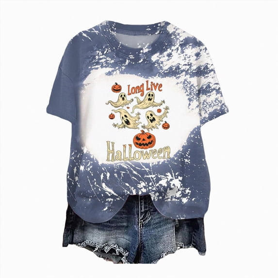 TOWED22 Womens Pumpkin Spooky Halloween Shirts Tie Dye Cute Short Sleeve Ghost Grapghic Tee Ghost Tops Costumes Fall(Blue,4XL)