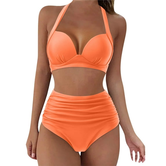 TOWED22 Womens Tummy Control Bathing Suits Twist Front Two Piece Swimsuit Lace Up Tie Back Bathing Suits(Orange,XXL)