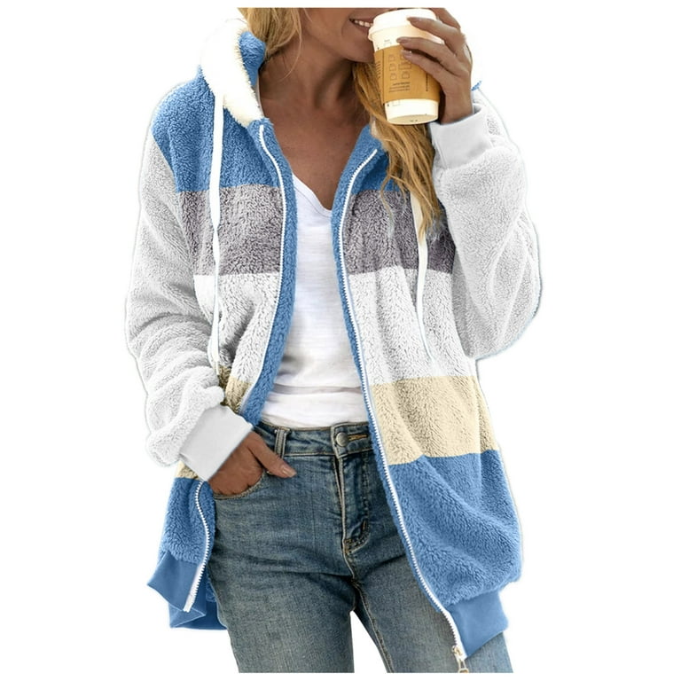 TOWED22 Womens Winter Fuzzy Jacket Hooded Color Block Patchwork