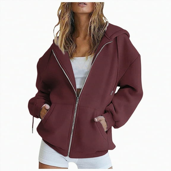 TOWED22 Womens Zip Up Hoodies Oversized Sweatshirts Fashion Outfits Casual Hoodies Oversized Jackets Long Sleeve Clothes(Wine,S)
