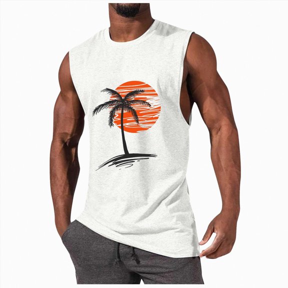 TOWED22 Workout Tank Tops for Men Fashion Printed Round Neck Regular Fit T-Shirt Casual Cotton Tank Undershirt(White,S)