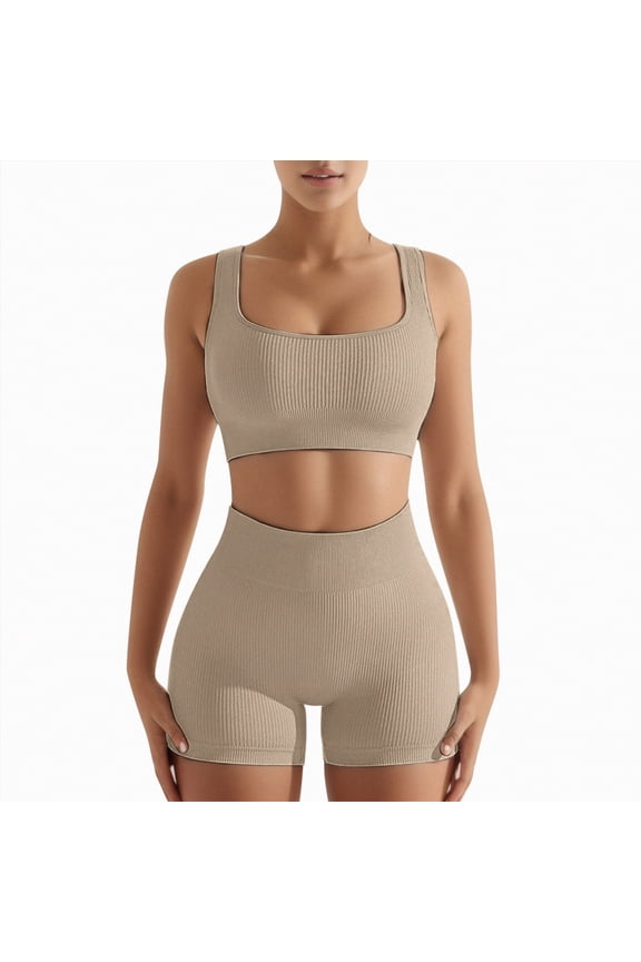 Workout for Women 2 Piece Seamless Ribbed Crop Tank High Waist Shorts Yoga Outfits(Khaki,S)