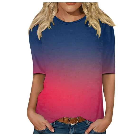 TOWMUS Elbow-Length Womens Summer Tops Soft Cool Gradient Casual T-shirts Crew Neck Workout Shirt Loose Pullover