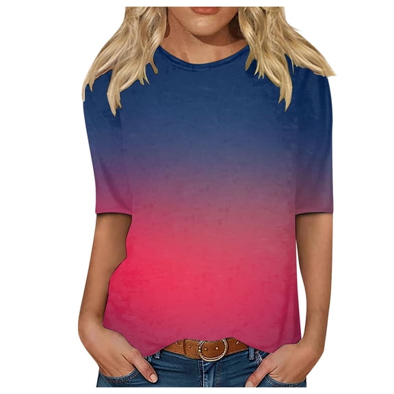 TOWMUS Elbow-Length Womens Summer Tops Soft Cool Gradient Casual T-shirts Crew Neck Workout Shirt Loose Pullover