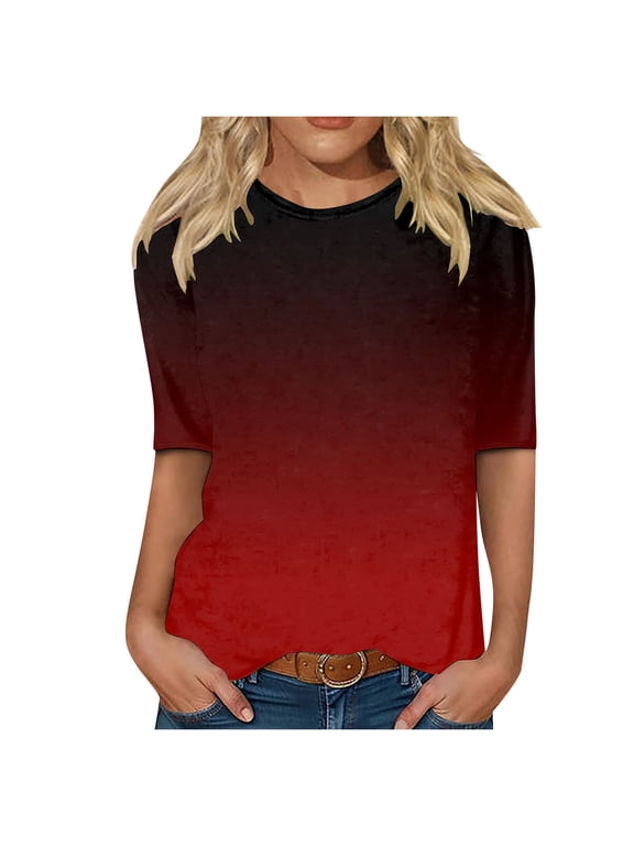 Elbow-Length Womens Summer Tops Soft Cool Gradient Casual T-shirts Crew Neck Workout Shirt Loose Pullover
