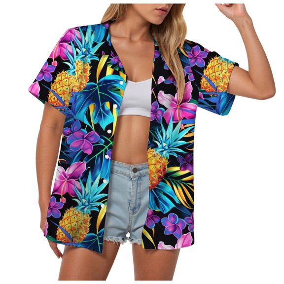 TOWMUS Hawaiian Shirts for Women New Casual Tropic Floral Print Button up Blouse V Neck Summer Cardigan Shirts