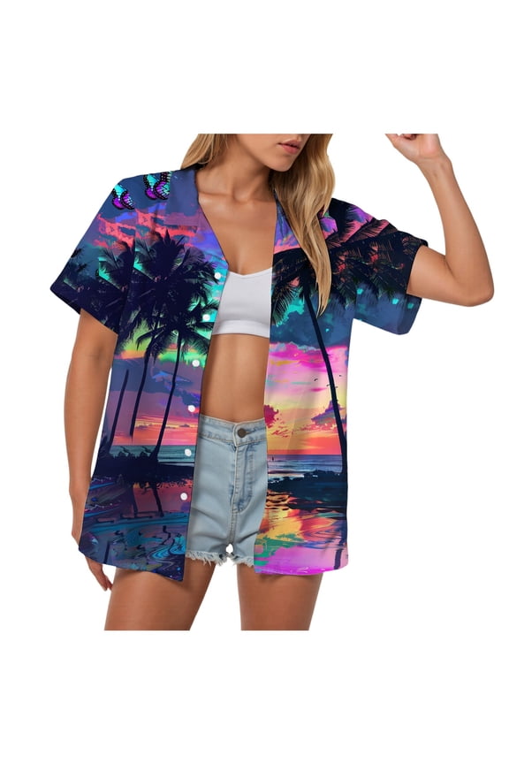 Hawaiian Shirts for Women Tropic Floral Print Button Up Blouse V Neck Summer Beach Tops