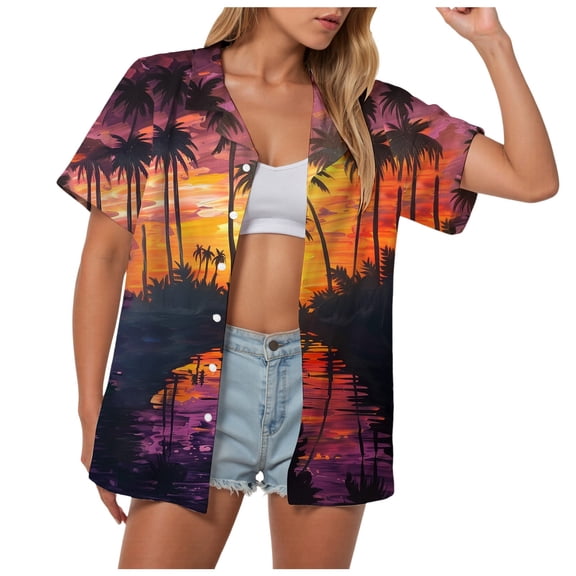 TOWMUS Hawaiian Shirts for Women Tropic Floral Print Button Up Blouse V Neck Summer Beach Tops