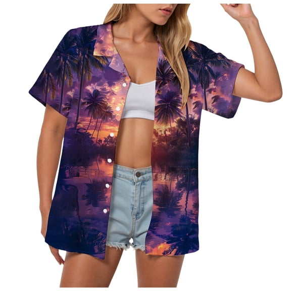 TOWMUS Hawaiian Shirts for Women Tropic Floral Print Button Up Blouse V Neck Summer Beach Tops