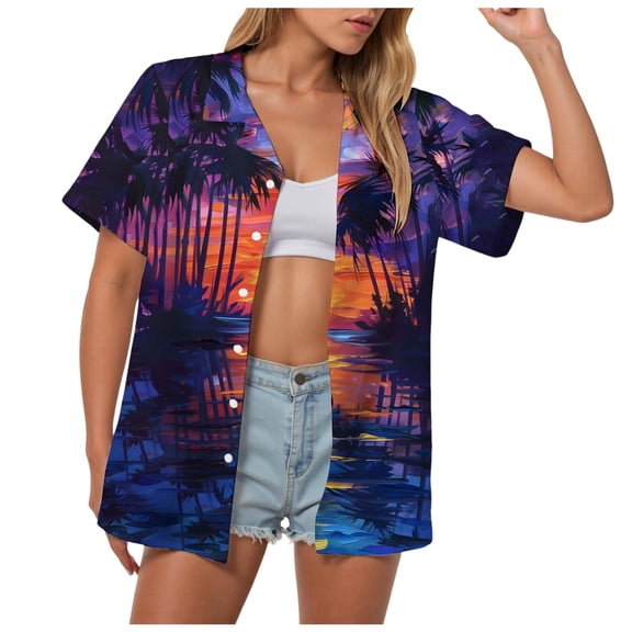 TOWMUS Hawaiian Shirts for Women Tropic Floral Print Button Up Blouse V Neck Summer Beach Tops
